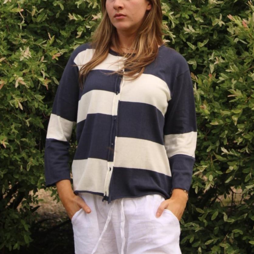 Bridge and Lord Block Striped cardigan in Blueberry and White.