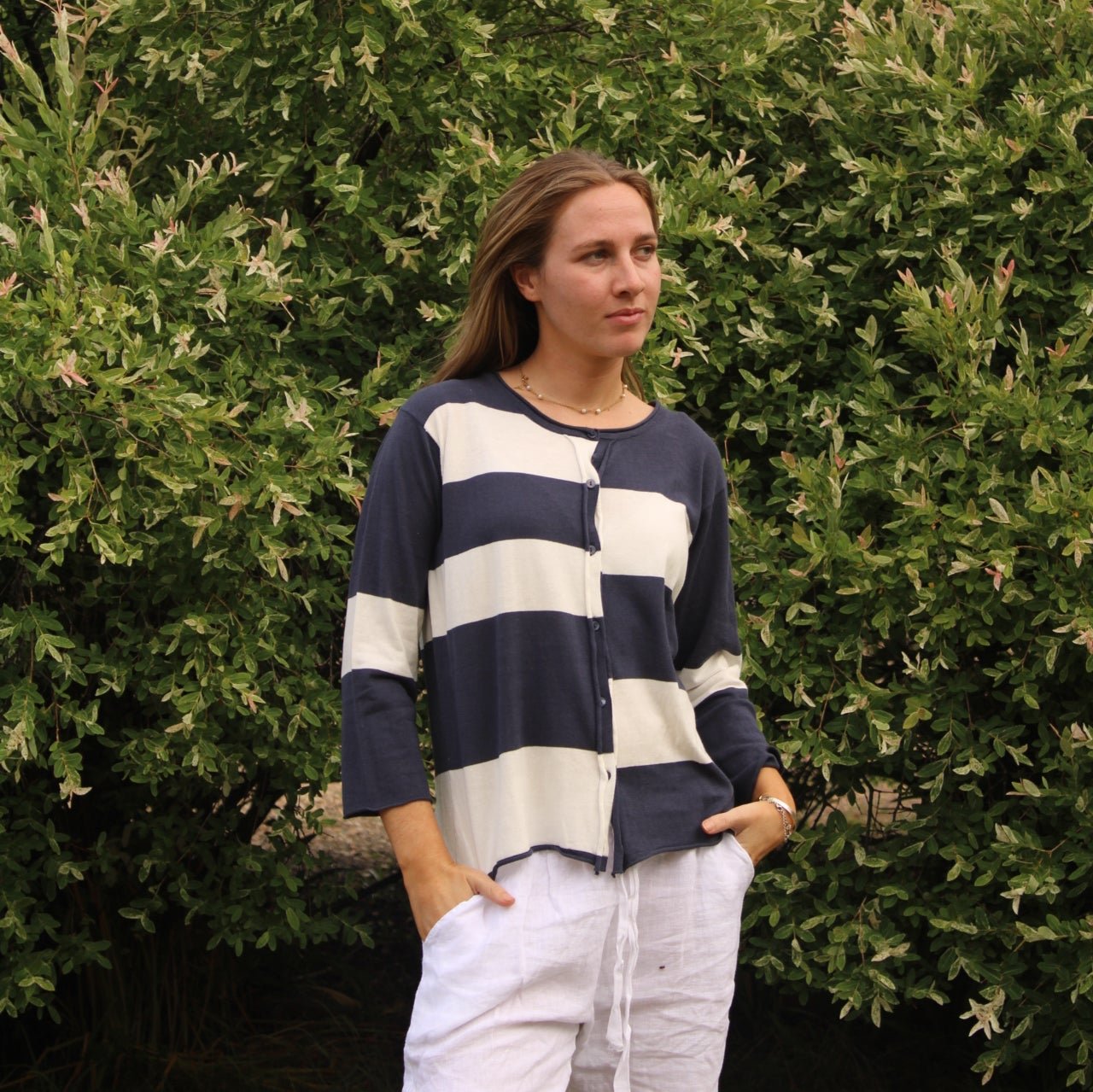 Bridge and Lord Block Striped cardigan in Blueberry and White.