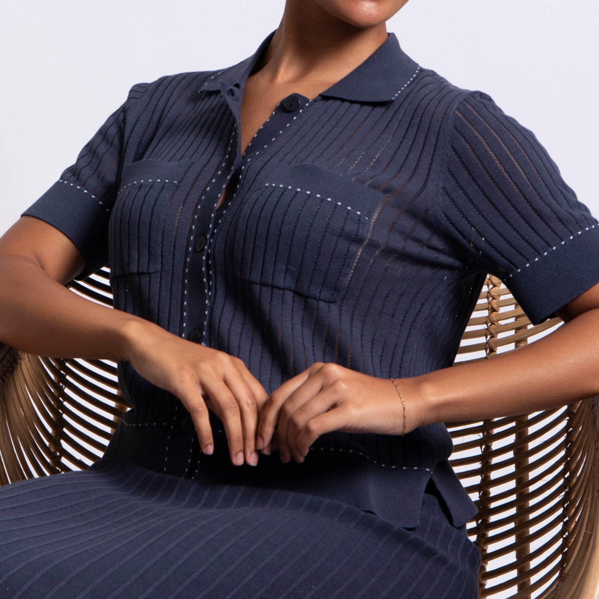 Bridgae and lord ladder stitch top in bluebery.