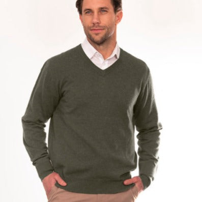 Bridge and Lord men's sweater or jumper in pine. Quality merino wool knitwear.