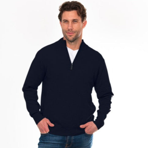Mens quality knitwear. 1/4 zip jumper from Bridge and lord in merino wool and cashmere.