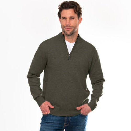 Men's zip neck jumper in green. Quality merino wool from bridge and Lord. free shipping.