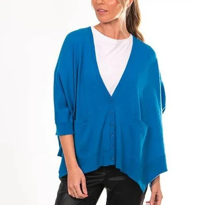 Bridge and Lord Merino wool and Cashmere oversized cardigan in electric blue. Style Trina.