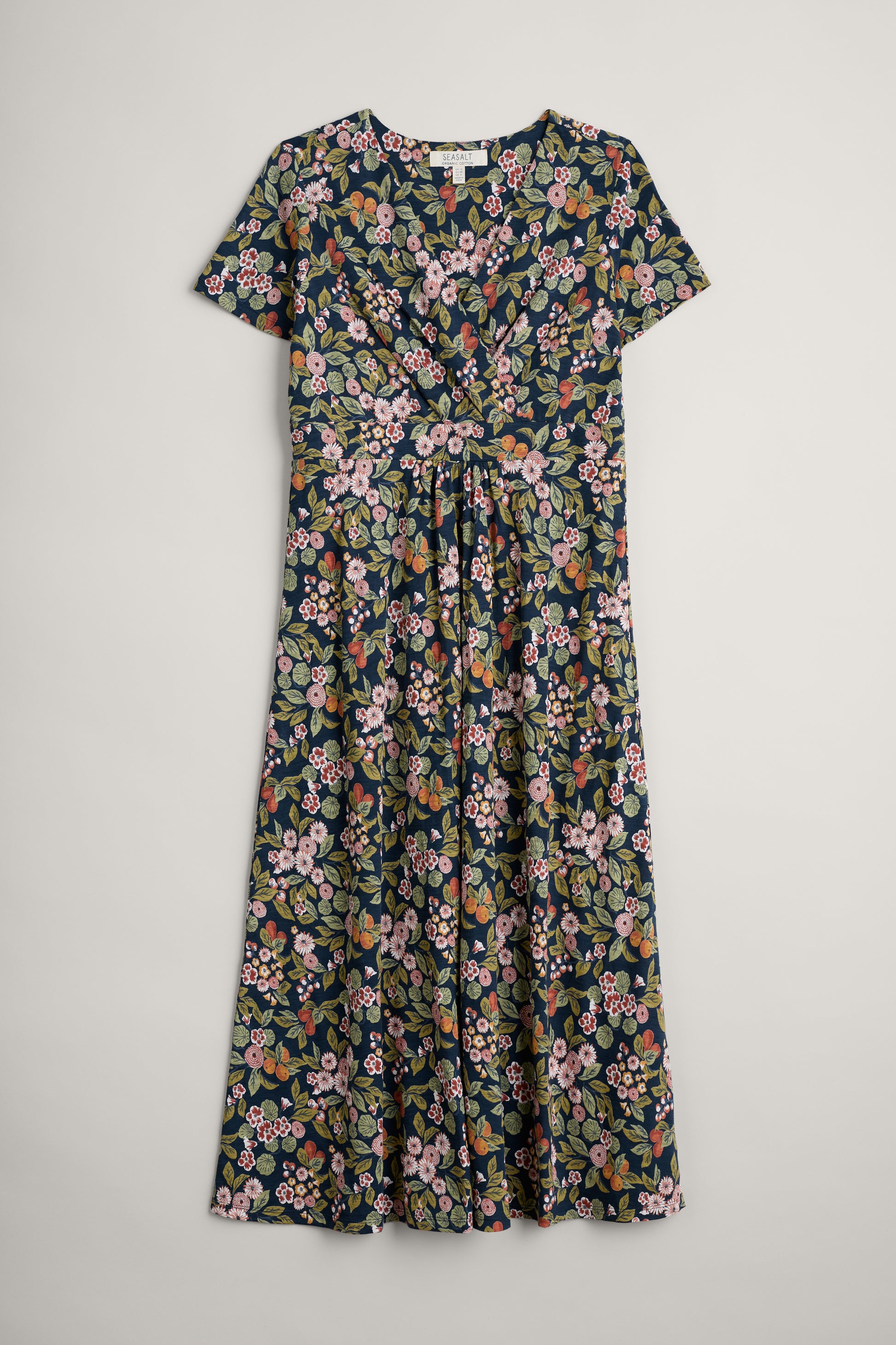 Seasalt Cornwall's Chacewater Dress in Fruit Garden Maritime is an elegant midi-length A-line dress.