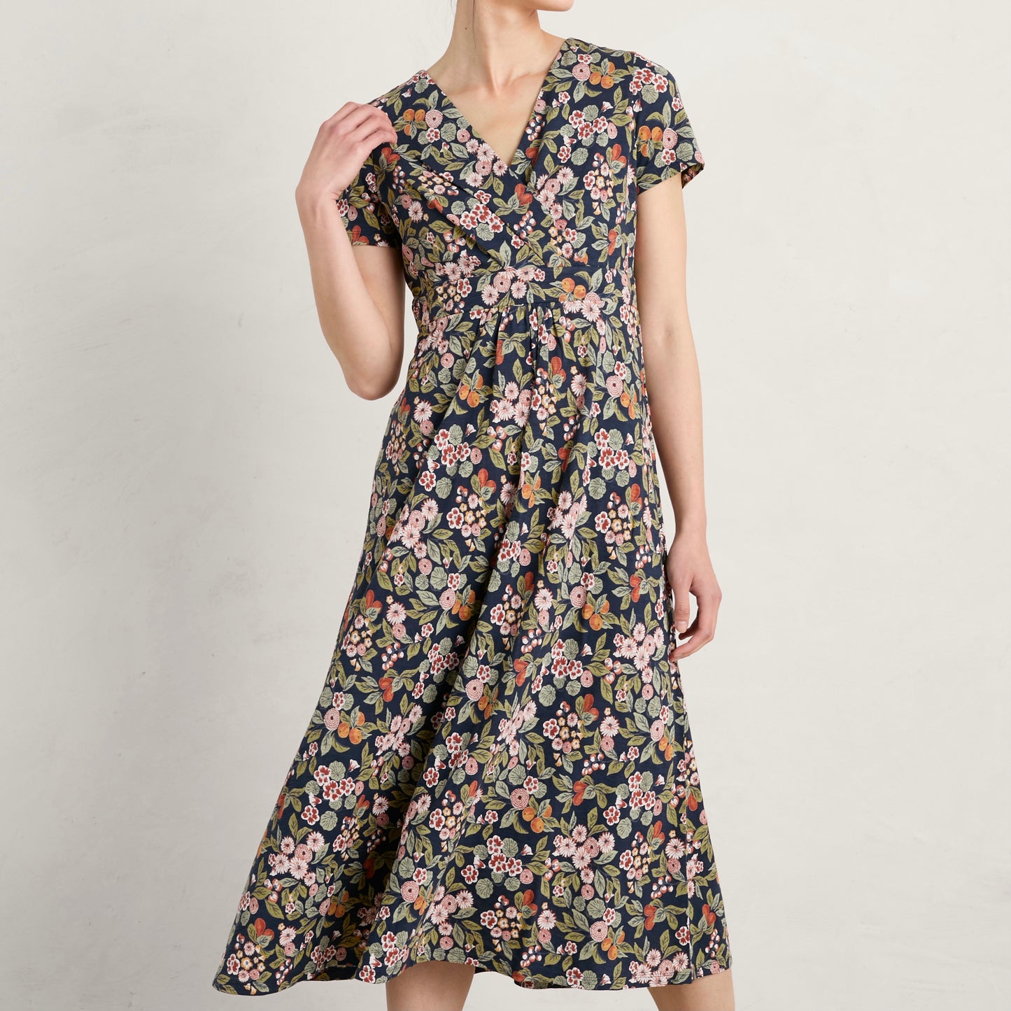 Seasalt Cornwall's Chacewater Dress in Fruit Garden Maritime is an elegant midi-length A-line dress.