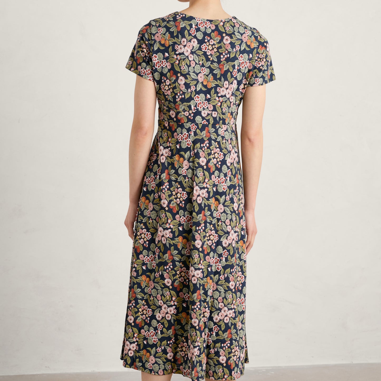 Seasalt Cornwall's Chacewater Dress in Fruit Garden Maritime is an elegant midi-length A-line dress.