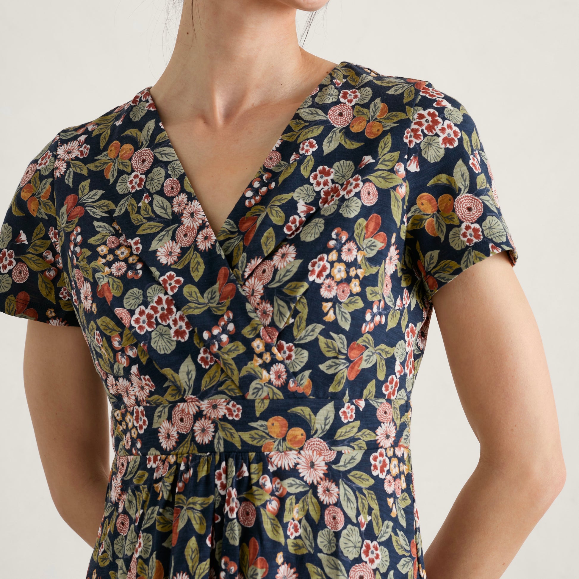 Seasalt Cornwall's Chacewater Dress in Fruit Garden Maritime is an elegant midi-length A-line dress.