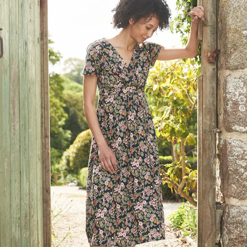 Seasalt Cornwall's Chacewater Dress in Fruit Garden Maritime is an elegant midi-length A-line dress.