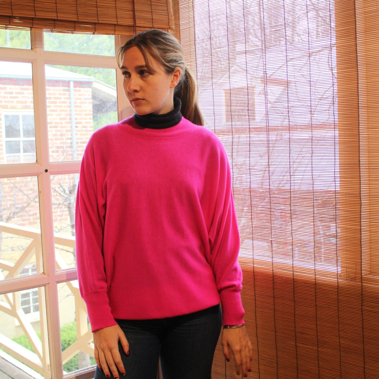 100% wool jumper in fuscia from Bridge and Lord