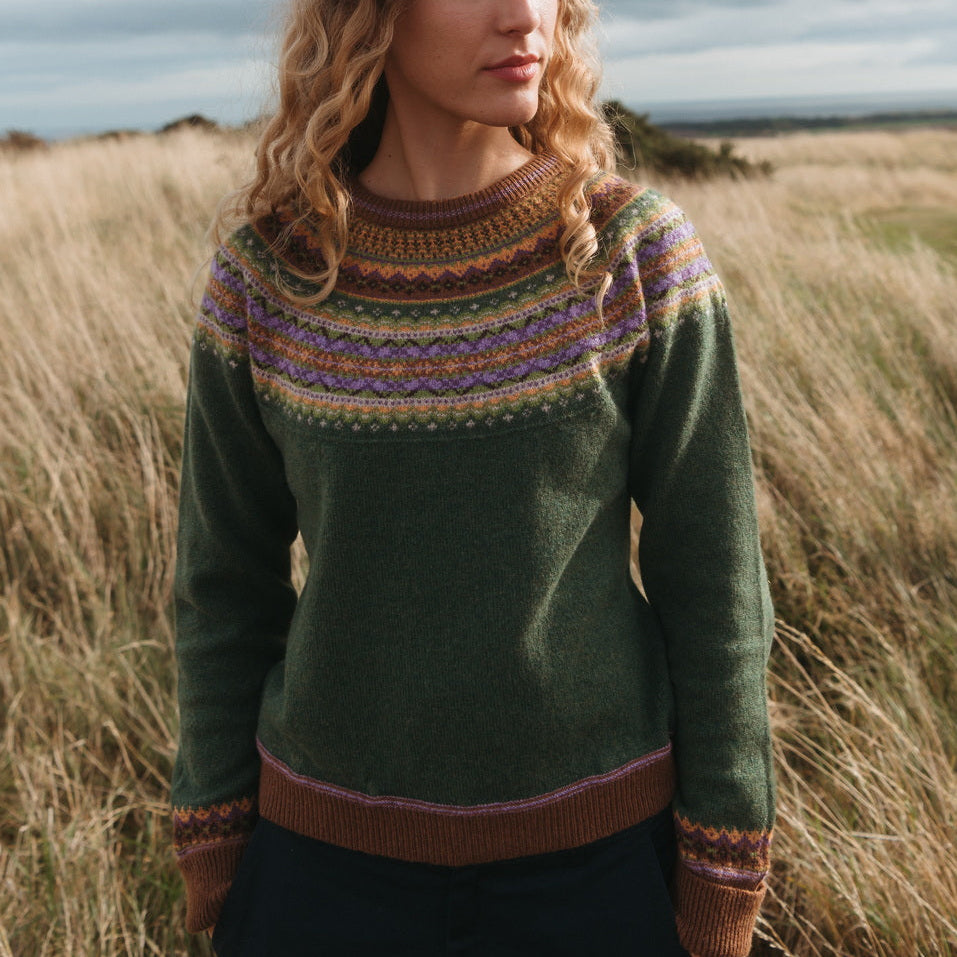Green fairisle jumper fom Eribe Scotland.