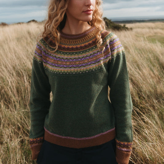 Green fairisle jumper fom Eribe Scotland.