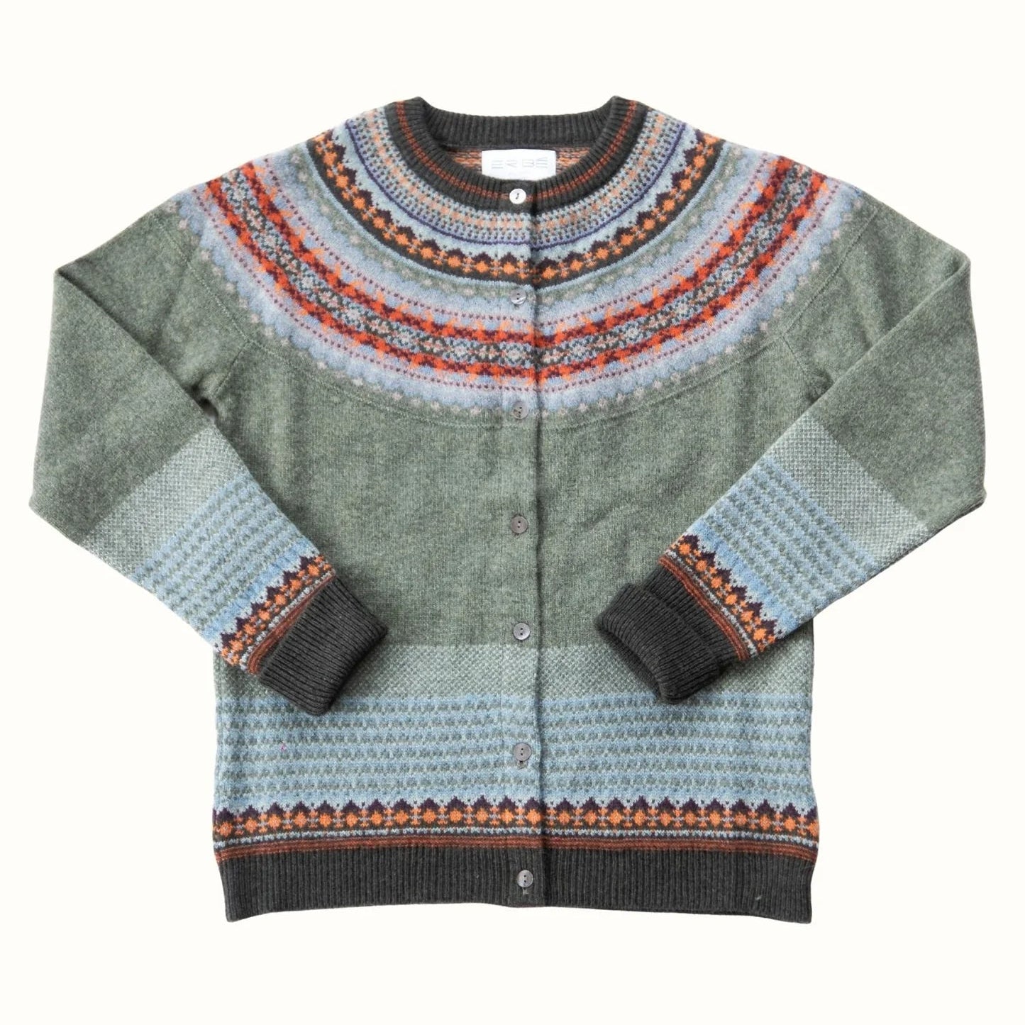 Eribe Fairisle cardigan in greens. Merino Wool.