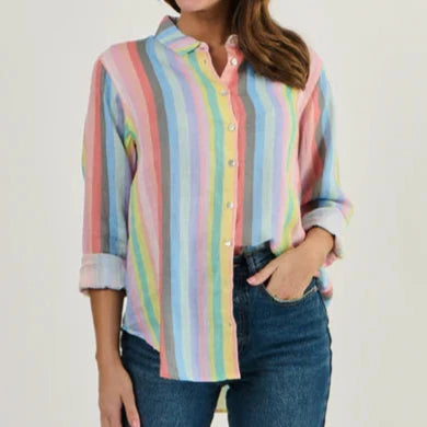 Enveloppe Oversized Boyfriend Linen Shirt in Paradis stripe.