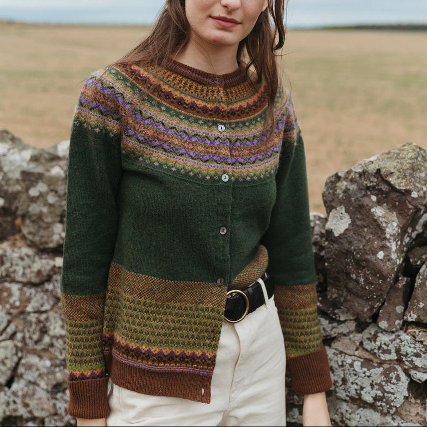 Eribe Merino fairisle Alpine cardigan in Thistle