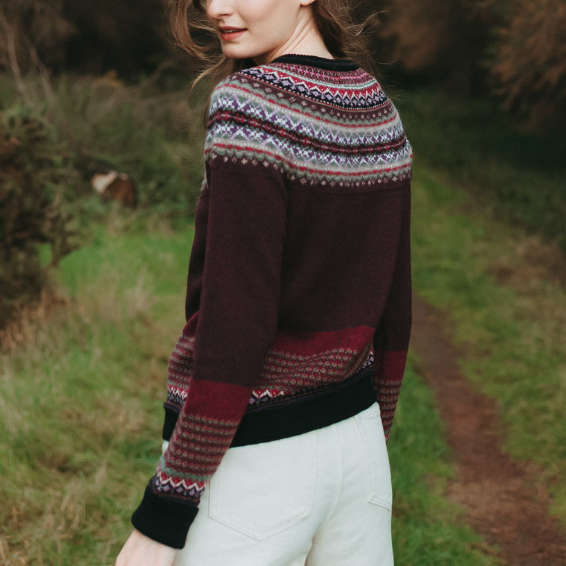 Eribe Merino wool Alpine cardigan in Tyrian. Fairisle Scottish Knitwear.