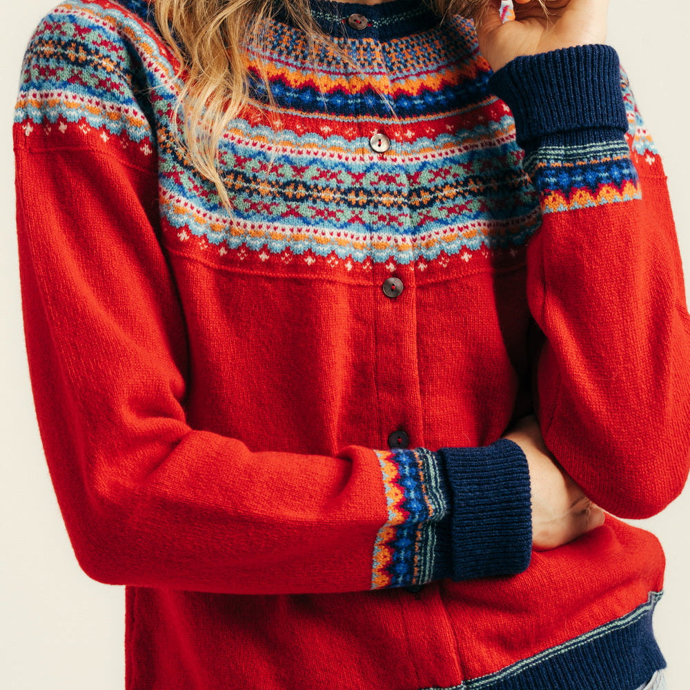 Eribe Red fairisle merino cardigan. Alpine Short cardigan.