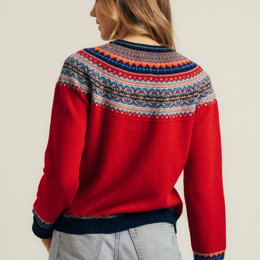 Eribe Short Alpine Cardigan in Cherry. Quality merino kniwear.
