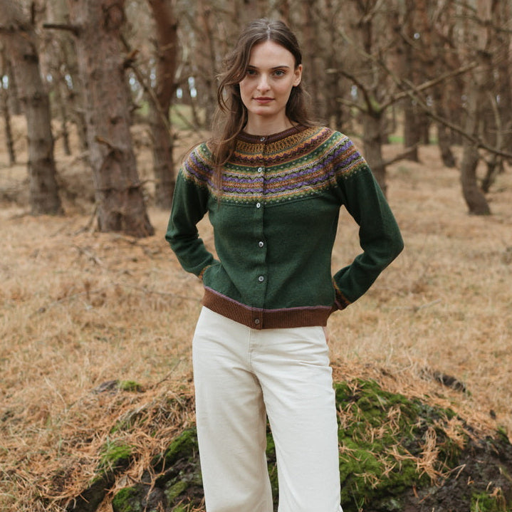 Eribe fairisle Cardigan in dark green. Merino Wool.