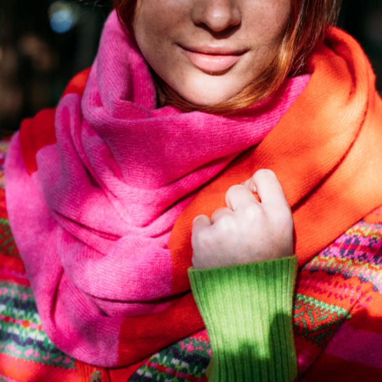 Eribé's Bowden Stole in Bubblegum. Pink and organge shawl. Quality Scottish Knitwear.