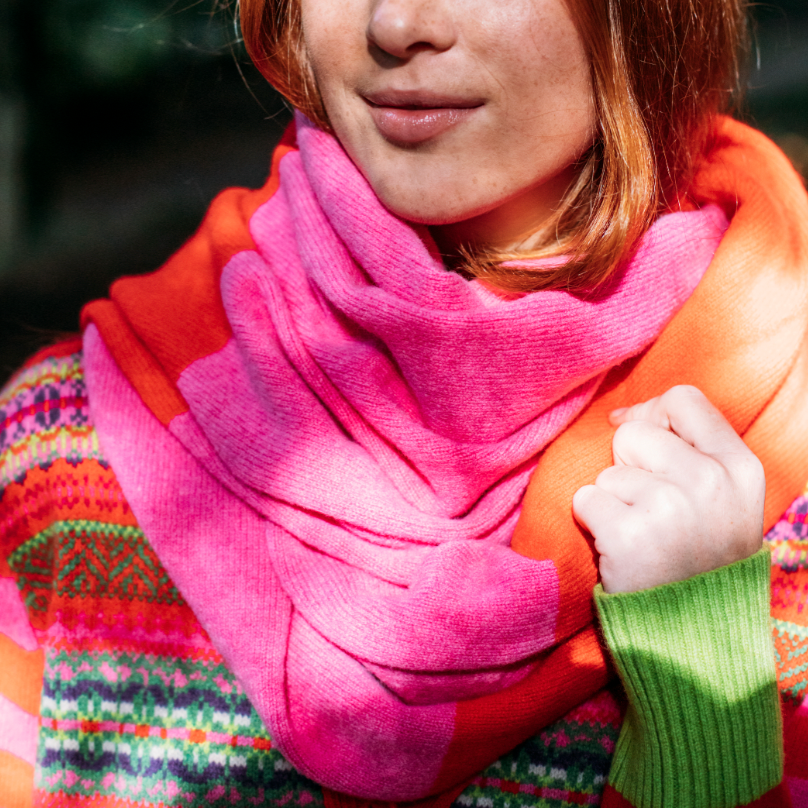 Eribé's Bowden Stole in Bubblegum. Merino wool wrap in bright colours.