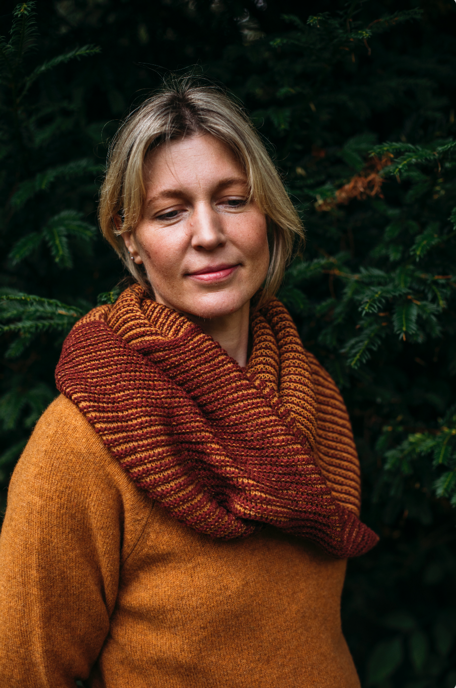 Eribe's Corry Tonal Cowl scarf in Gold Pheasant orange