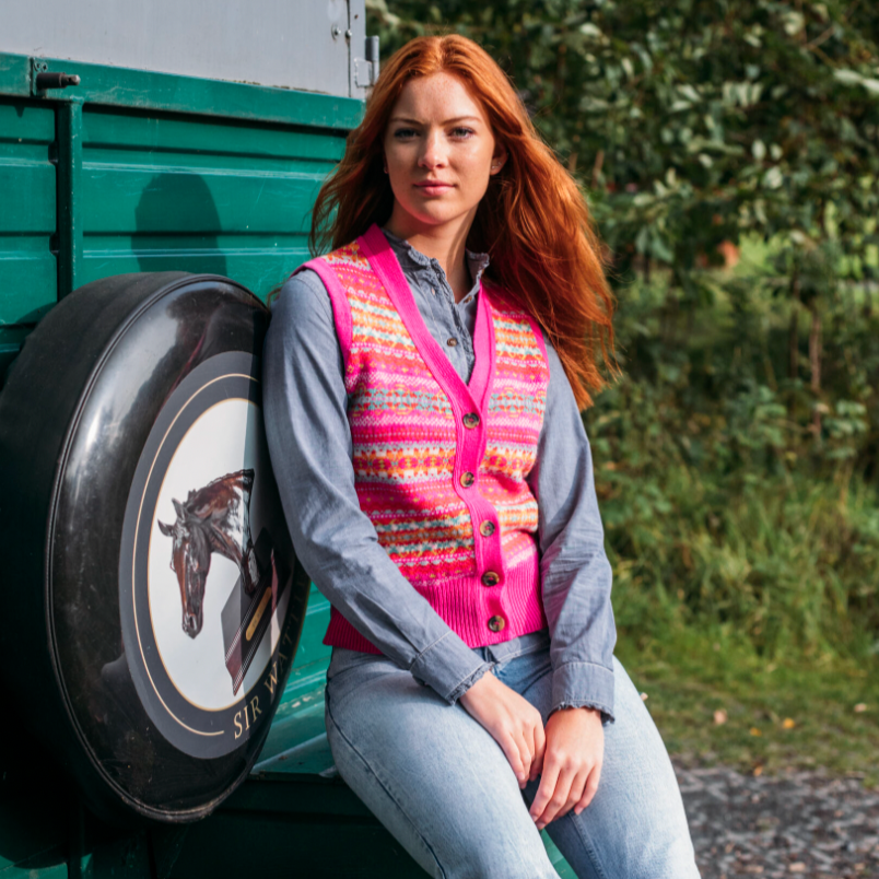 Eribé's Kinross women's Waistcoat in Foxglove. Pink Fairisle Vest. Quality Scottish Knitwear in Merino wool.