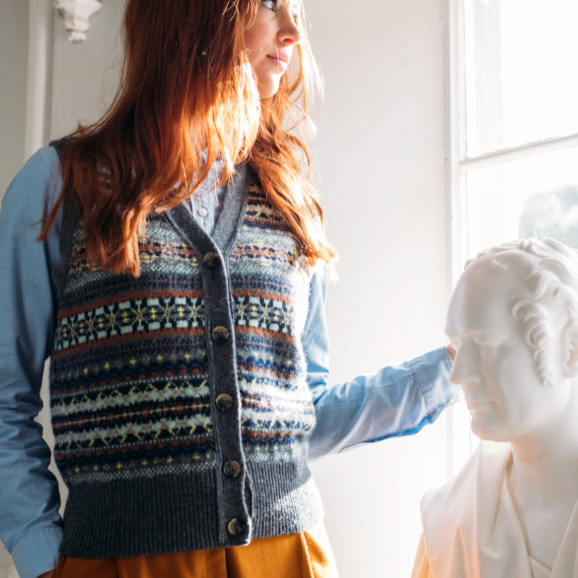 Eribe Scottish Fair Isle Knitwear Kinross Vest in Garnet. Vests, sweaters and cardigans in Merino Wool for sale Australia and New Zealand, free shipping.