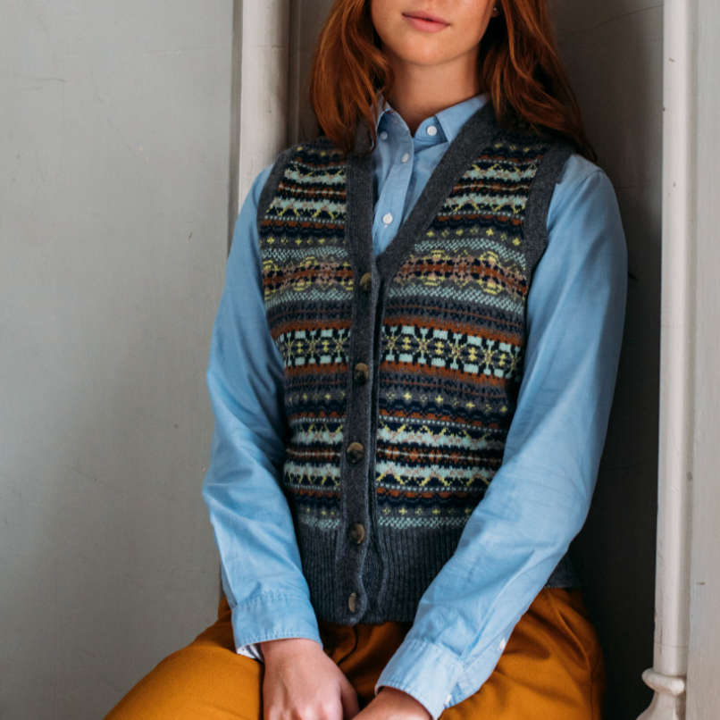 Eribé's Kinross Fair Isle Waistcoat vest in Garnet for women. Quality merino wool knitwear.