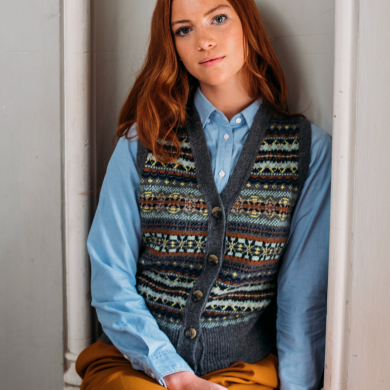 Eribé's Kinross Waistcoat cardigan in Garnet for women. Quality fair Isle Knitwear from Scotland available Australia and New Zealand.