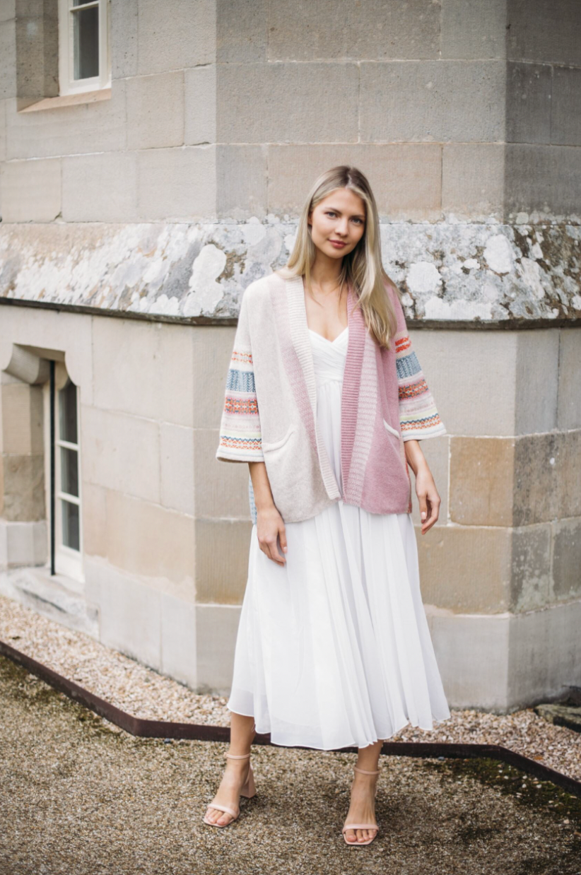 Eribe's Fair Isle Montrose Blanket coat worn over a dress