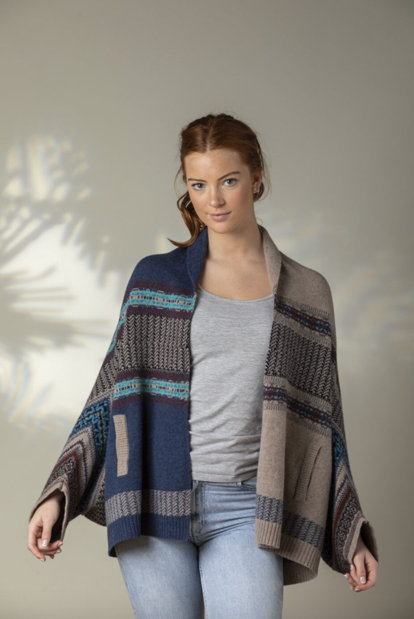 Eribe's Montrose Blanket Coat in Oban Sky with fair isle pattern