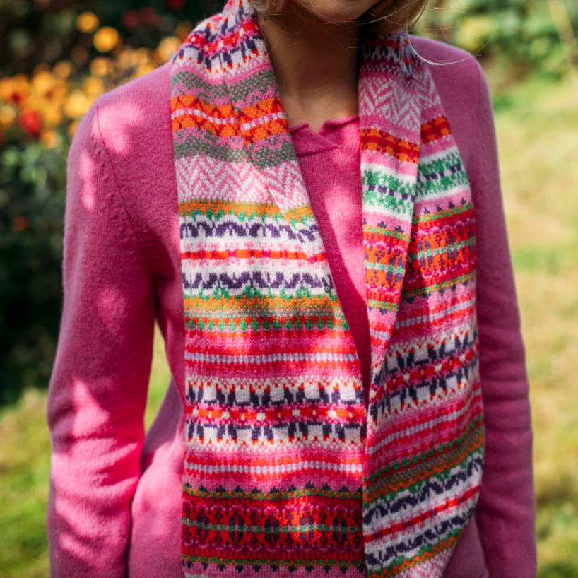 Eribé's Pioneer fair isle scarf in Rosalia. Quality Scottish Knitwear.