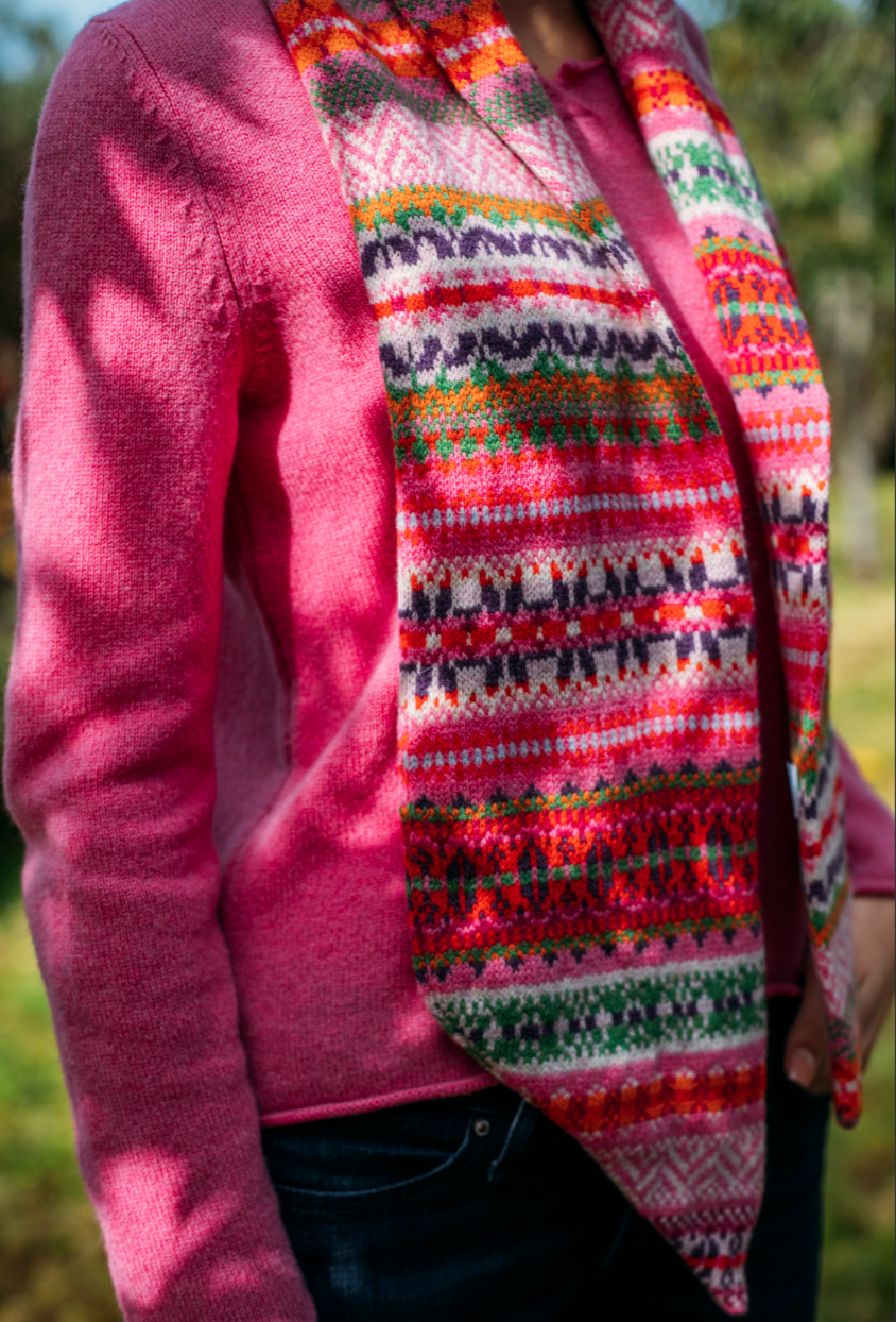 Eribé's Pioneer fair isle scarf in Rosalia. Scottish Knitwear.