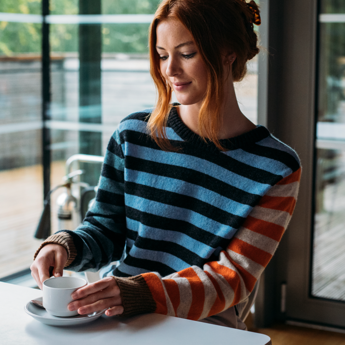 Eribé's Stobo Stripe woollen Sweater in Phoebe. Quality Scottish Knitwear available Australia and new Zealand.