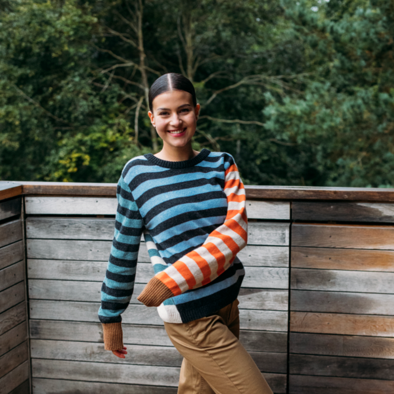 Eribé's Stobo Stripe Sweater in Phoebe. Merino Wool women's jumper in stripes.