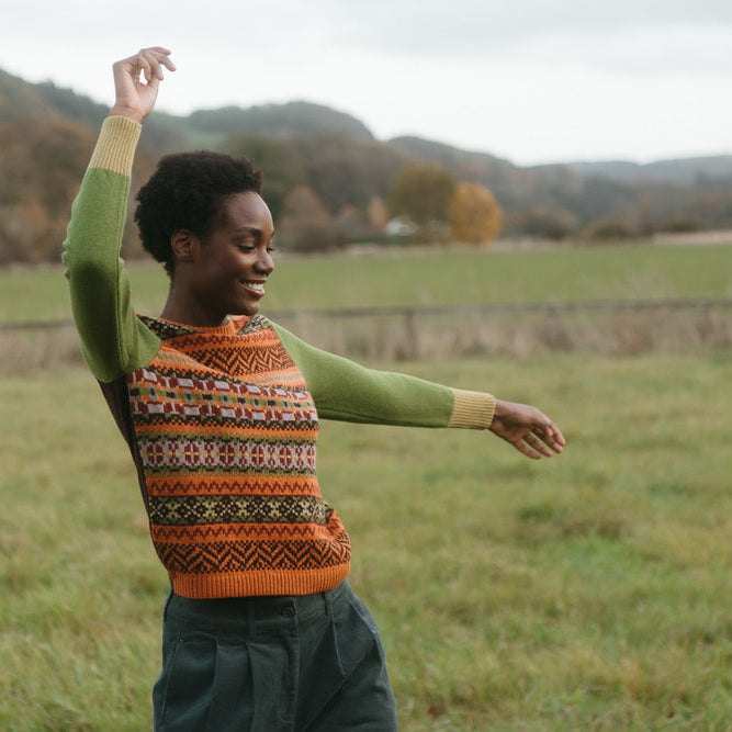 Eribe orange and green Fairisle unisex jumper.