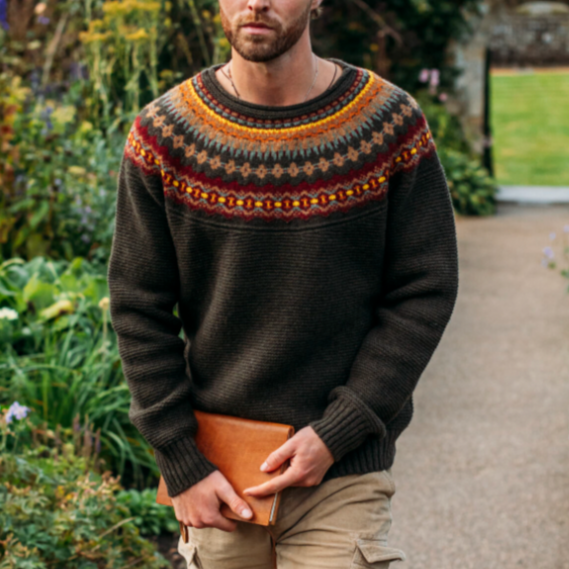 Eribé's Men's Stoneybrek Sweater in Red Oak. Quality Scottish Fair Isle Knitwear in Merino Wool.