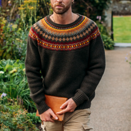 Eribé's Men's Stoneybrek Sweater in Red Oak. Quality Scottish Fair Isle Knitwear in Merino Wool.