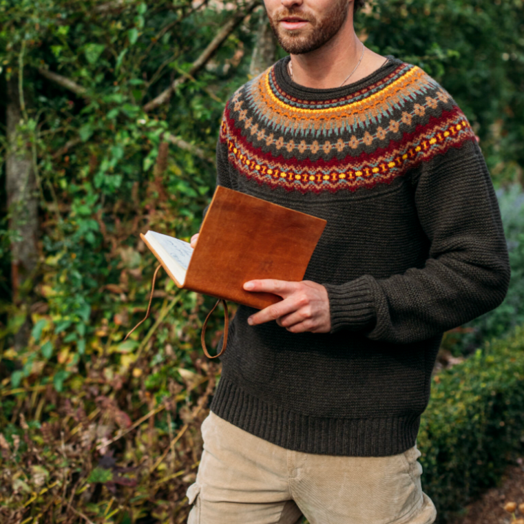 Eribé's Men's Stoneybrek merino wool Sweater in Red Oak. For sale Australia and New Zealand.