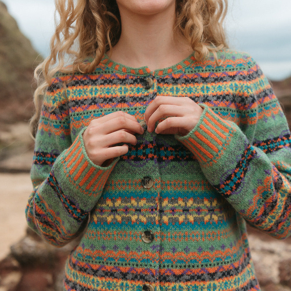 Eribe Fairisle cardigan in green and orange. !00% wool, Quality Scottish Knitwear.