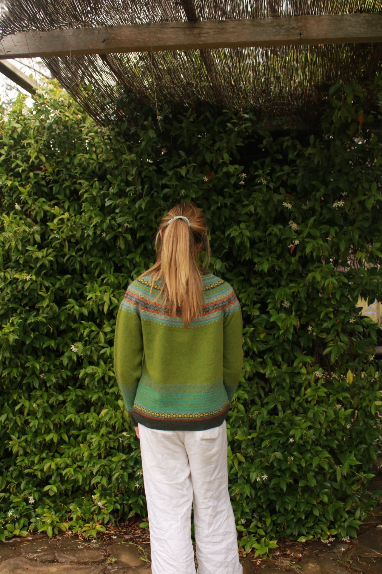 Eribe's Women's Alpine Sweater in Moss, back view of ladies jumper