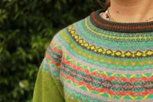 Eribe's Women's Alpine Sweater in Moss, close up of fairisle knit pattern