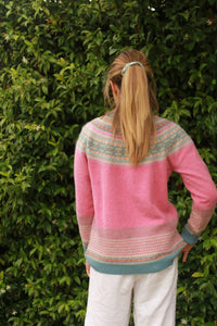 Eribe's Alpine Sweater in Nougat, fairisle knitwear for women, back view of ladies jumper