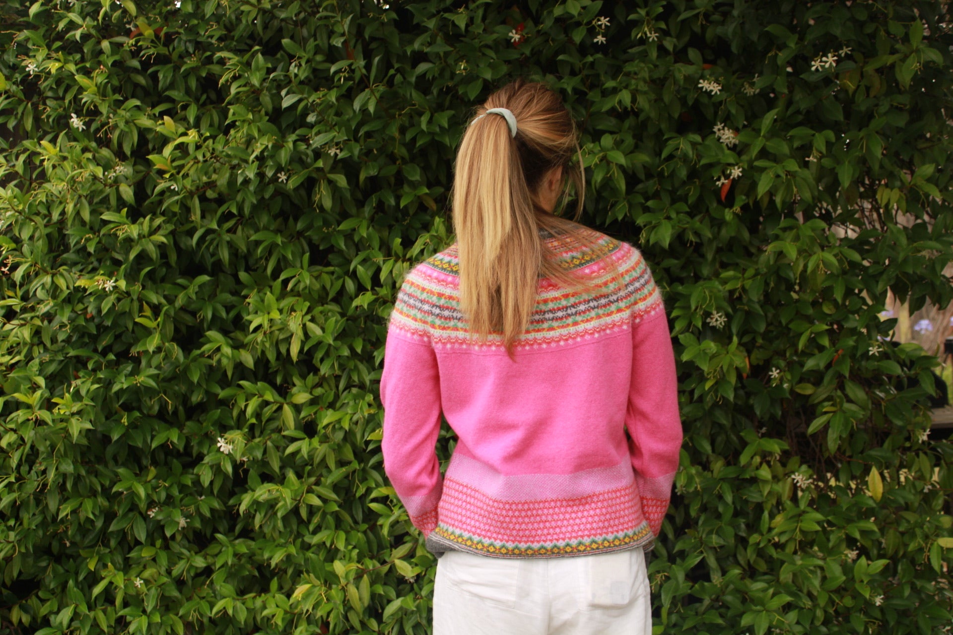 Eribe's Women's Alpine Sweater in Fiesta, back view of ladies fairisle jumper