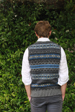 Eribe's Brodie Vest for men in Sapphire-Coals, back view of men's fairisle sweater vest