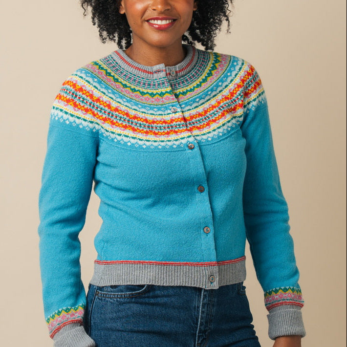 Eribe Alpine short cardigan. Wool Fairisle cardigan in Aqua