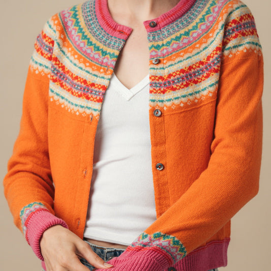 Eribe Alpine short cardigan. Wool Fairisle cardigan in Dazzle