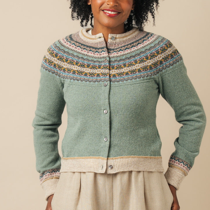 Eribe Alpine short cardigan. Wool Fairisle cardigan in Sage