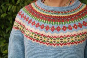 Eribe Stoneybrek Sweater in Strathmore for women, close up of fairisle on women's jumper