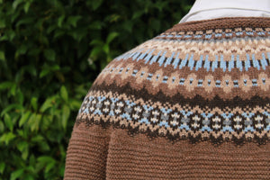 Eribe Scottish Knitwear Men's Stoneybrek Sweater in Beaver, close up of men's jumper's yoke with fairisle knit pattern